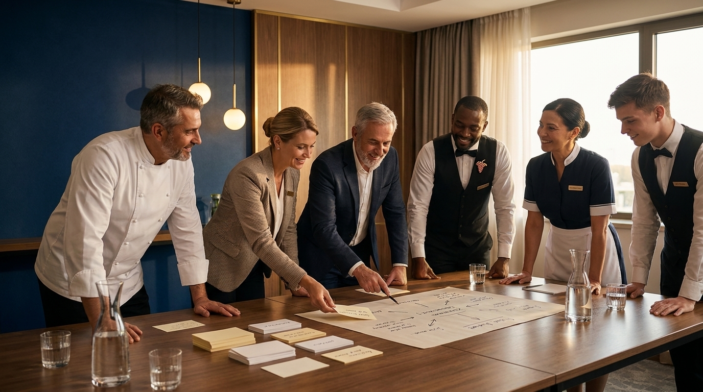 Atelier d'intelligence collective : une équipe d'hôtellerie-restauration construit des solutions autour d'une table